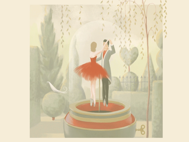 Music Box Dancers animation art ballet bushes dance dress enchanted frame by frame garden illustration magic music box red storybook topiary