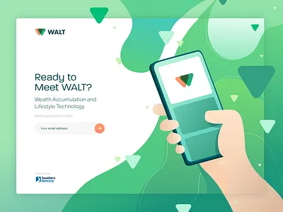 WALT - Virtual Banking Assistant - Landing Page arkansas banking blob gradient green home landing minimal newsletter orange phone signup singlepage triangle virtual assistant wave