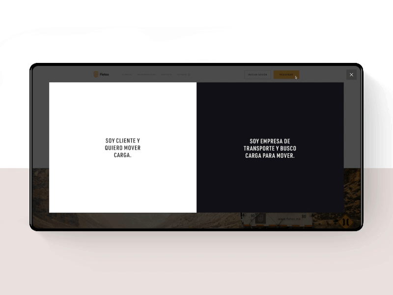 Login User Type Select animation background image design funnel hover landing page login logistics marketing modal overlay principle register rideshare rollover split screen transport trucking ui user type
