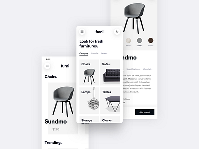 Furni - Light E-commerce App app clean design e commerce flat furniture gradient ios minimal minimalistic modern shadow shop simple ui ui kit user experience user interface ux