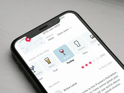 Drink of the Day alcohol app beer calendar carousel cocktail day design drink drinks glass hours icons map mobile reviews selected today ui wine