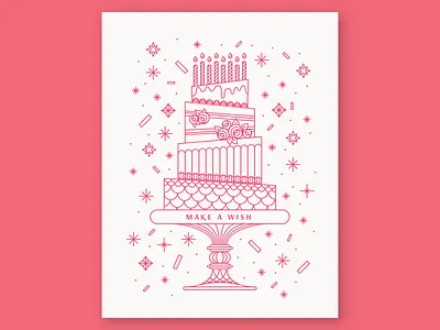 Make a Wish birthday birthday card cake candles card confetti frosting greeting card happy birthday icing icon illustration layer cake linework monoline rosette tier