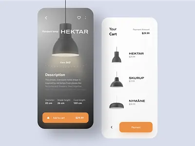 Lamp e-commerce App💡🛒 app checkout clean colors concept dark design ecommerce furniture ios lamp light luxury minimal mobile mobile app orange shop store ui
