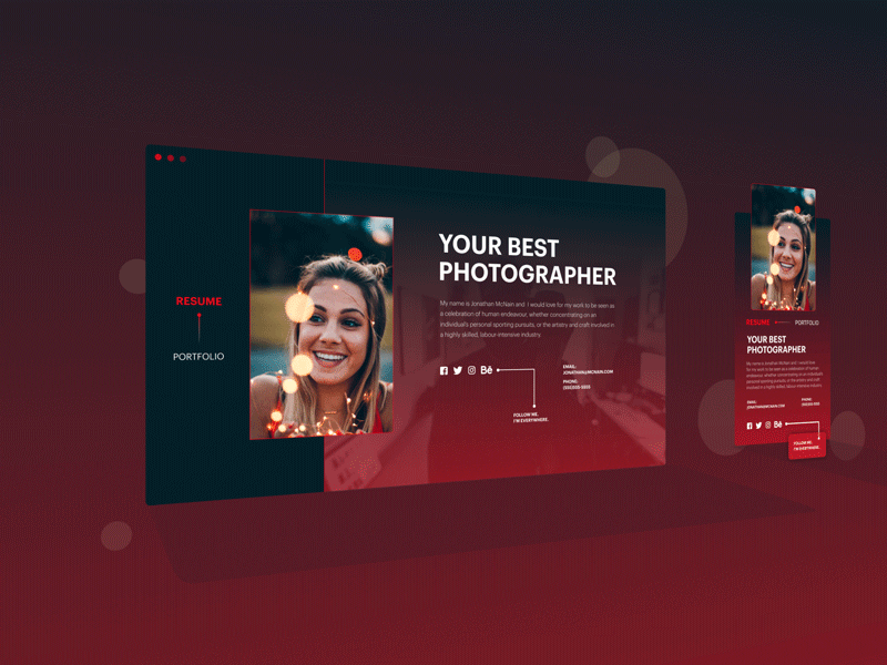 UI|UX Design For Photographer Portfolio 3d adaptive design head mobile motion photographer portfolio portfolio site red responsive resume social ui ux