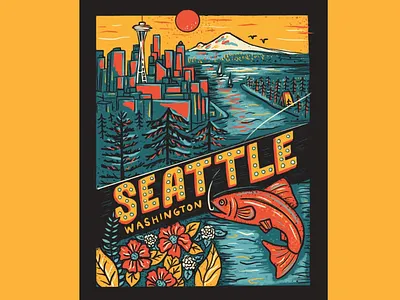 Seattle Travel Poster drawing illustration lettering mountains mt rainier pnw poster puget sound salmon seattle space needle travel travel poster vintage washington