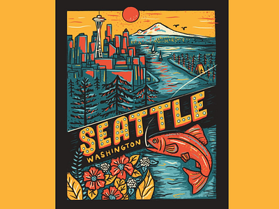 Seattle Travel Poster drawing illustration lettering mountains mt rainier pnw poster puget sound salmon seattle space needle travel travel poster vintage washington