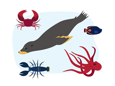 Underwater set 2d animals character colorful crab design digitalart dribbble fish flat illustration ocean octopus underwater vector