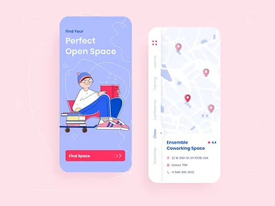 Perfect Coworking - Mobile app concept app arounda concept coworking design education flat illustration interface mobile pink purple typogaphy ui ux vector web