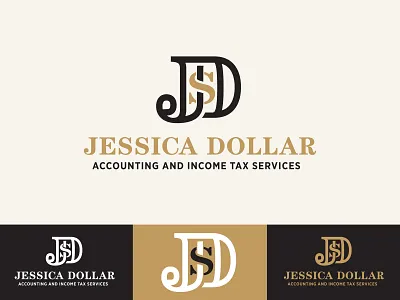 Jessica Dollar Logo 2 $ accounting brand branding concept d design gold graphic icon identity j jd logo money monogram print taxes