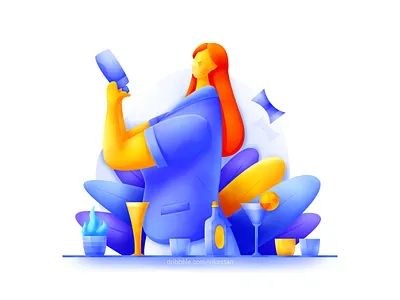 Bartender bartending blue bright cocktail cups flame flat float illustration noise plant smooth spirits texture web wine wine glass woman