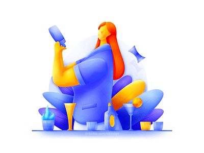 Bartender bartending blue bright cocktail cups flame flat float illustration noise plant smooth spirits texture web wine wine glass woman