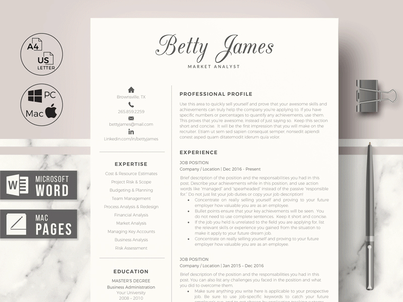 Professional & Modern Resume Template for Market Analyst - BETTY 2 page resume 3 page resume career advice career tips clean resume cover letter format cover letter template curriculum customer support cv cv template instant download resume minimalist cv printable cv professional resume ready to print resume resume for market analyst resume layout resume template simple resume