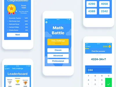 Math Battle app blue button children coins design game gaming gui interface ios kids mobile quiz trivia ui ux