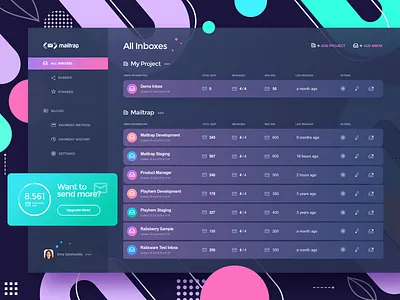 Mailtrap app design dark version clean concept dashboad design graphic icon interface logo simple table ui vector vivid