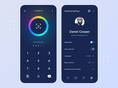 Crypto application app application code crypto cryptocurrency dark design face faceid interface mobile mobile ui password pin profile security touch id ui unlock ux
