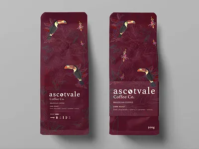 Ascotvale Coffee branding adobe adobe illustrator adobe photoshop bag bird brand branding brazil brazilian coffee coffee coffee bag design foliage graphic design illustration jungle logo mockup plants toco toucan