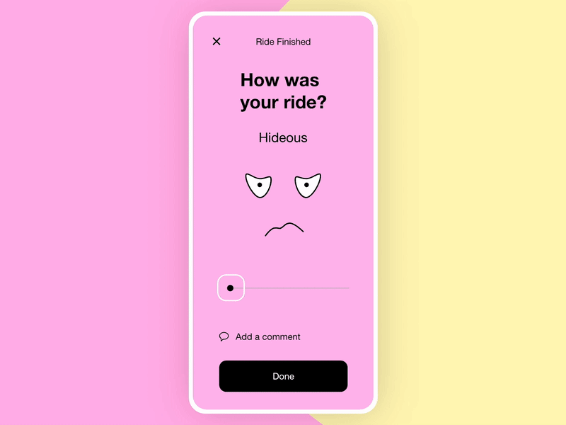 Rate your ride - Rebound shot animation app design cuberto emotional face mobile rating rebound slider