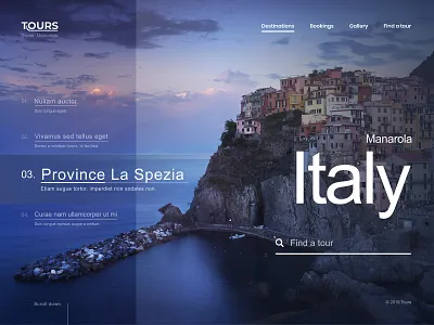 Tours : Online booking system blue booking system booking website clean concept dark design destinations find holidays landing page landing page design tourism tours typography user interface web web design webdesign website design
