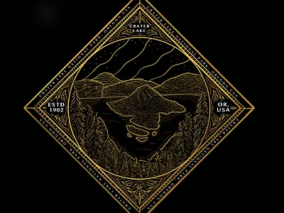 Crater Lake National Park america badge badge design gold golden illustration island lake lakes national park ornaments outdoors trees usa