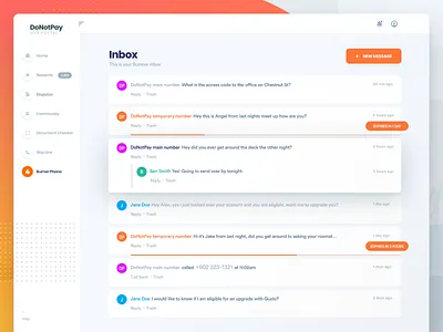 DoNotPay Burner Inbox for Web burner design donotpay inbox interface message ui ux website
