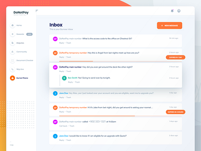 DoNotPay Burner Inbox for Web burner design donotpay inbox interface message ui ux website