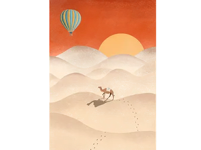 Sahara animal art artwork camel hot air balloon illustration illustrator marketing poster print procreate sun sunset