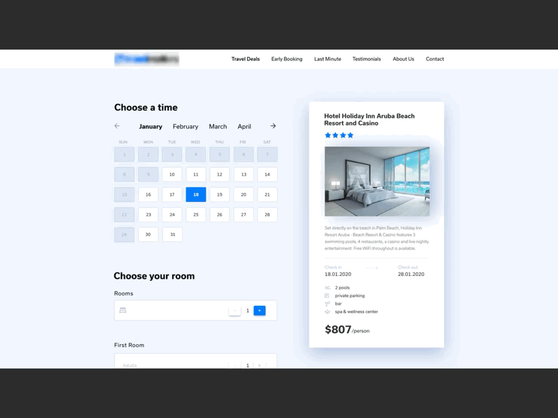 Online Booking for a Travel Website agency booking calendar contact info deals fields form hotels numbers travel ui design ux vacation web design website