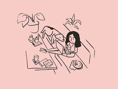WFH dog drawing freelancing home illustration isolation line nap office pink plants sofa woman work space