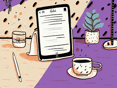 Desktop situation colorful cozy desksetting desktop digital illustration earl grey ebook ipad pro ipadart peach plants purple