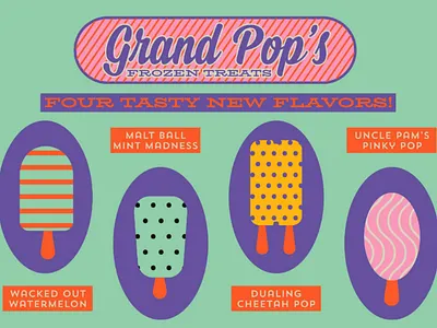 Grand Pop's Frozen Treats for Dribbbs branding color frozen geometric halftone illutration illutrator logo minimal palette pattern pop sickle seamless shapes sweet vintage