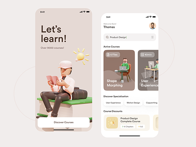 Courses, Education and Growth Platform 3d app card colors course design education growth learn minimal mobile models product design schoolarship simple study ui ux warm