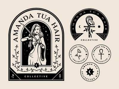 Hair Collective logo ankh hair logo moon rose stars sun sword symbol tarot vine woman