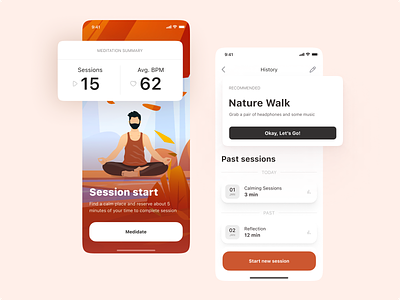 Companion for Meditation and Mental Wellbeing android app card companion concept designer development illustration interface ios itcraft meditation menta mobile mood product design ststistics ui warm wellbeing