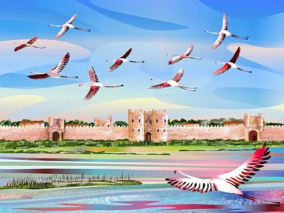 The salty waters of Aigues-Mortes 🦩 artwork digital painting digitalart digitalillustration flamingo flamingos flat art flat illustration france illustration mural design muralart postcard posters sea travel illustration vector art vector illustration