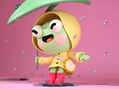 little frog 3d animal c4d character cute frog happy illustration kawaii rain render water