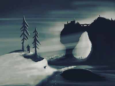 Knight landscape bridge castle design flat graphic graphics illustration knight landscape light minimal procreate simpel simple sky soldier sword trees vector water