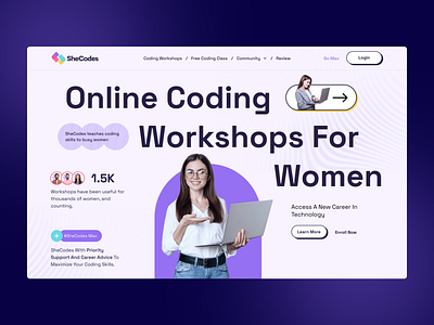 SheCodes - Education Platform For Women edtech education education and learning education hero header education platform elearning landingpage learning platform online codeing learning online coding workshop online course online course platform self improvment ui ui design uiux design ux design webdesign women education women growth
