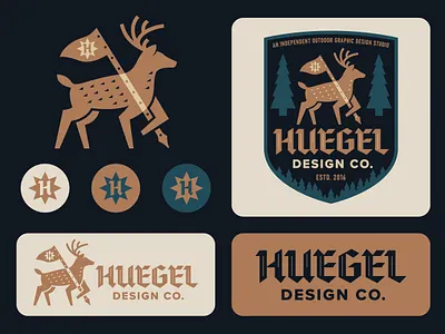 Huegel Design Co. Identity adventure antler badge brand buck deer exploring german hunting icon identity logo nature outdoors palette small business trees wilderness