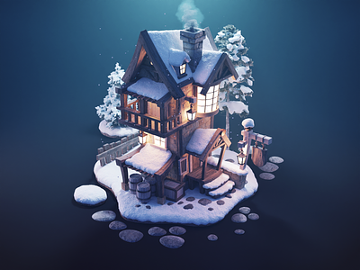 Winter Tavern 3d blender diorama house illustration isometric lowpoly render substance tavern winter