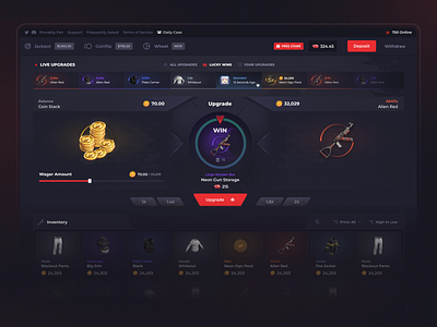 HowlGG - Upgrade Game Mode for a Rust Casino casino chance coins crypto dashboard design futuristic gambling game game mode gaming inventory live feed rust skins ui upgrade ux wager win rate