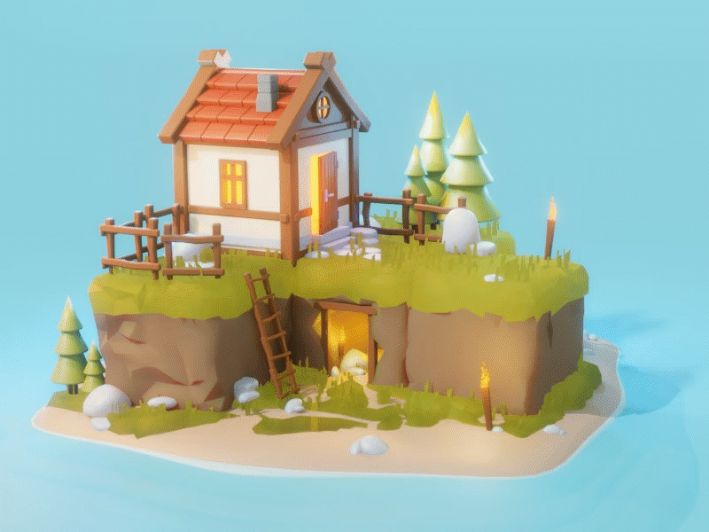 Minimalistic hut in ocean 3d dashboard game gaming inspiration landingpage login neon simple steam ui ux