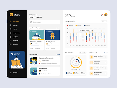 E-learning Dashboard - studify analytics classes courses dashboard design e learning education fireart fireart studio platform study ui ui design user experience user interface ux web web app