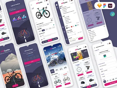 Bicycle Store Mobile App UI Kit app bicycle bike brand concept cycle distributor electric manufacture name online twowheeler