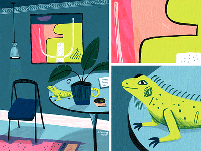 Happy Lizard in Colorful Room animal art blue colorful cute digital drawing editorial illustration interior kidlit kidlit art light lizard painting room texture