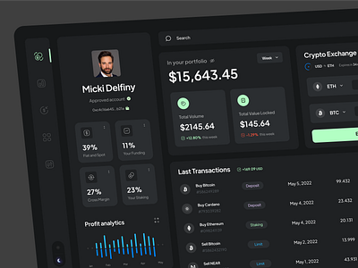 Cryptocurrency Dashboard app bitcoin crypto crypto exchange dark theme dashboard design interface portfolio profile trading ui wallet web app