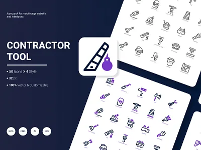 Contractor Tool Icon Pack blueprint build bulldozer construction engineer equipment hammer helmet icon repair tool work