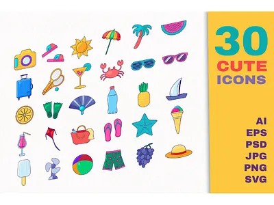 Summer Seaside Outline Set cartoon collection exotic happy ice cream recreation relaxation starfish sun symbol tropical vector