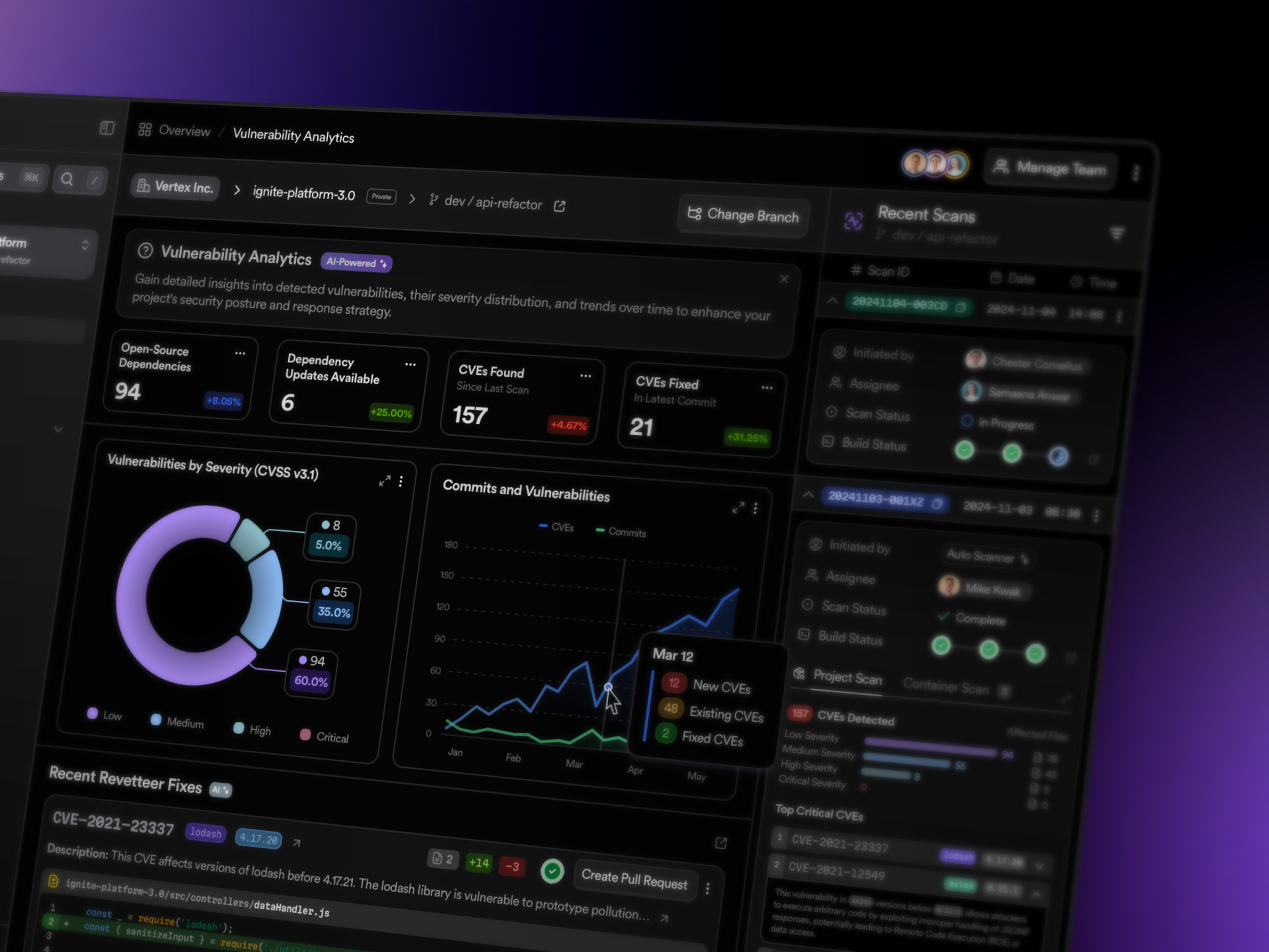 Revett | Vulnerability detection made intelligent. cybersecurity dashboard logo software tech ui