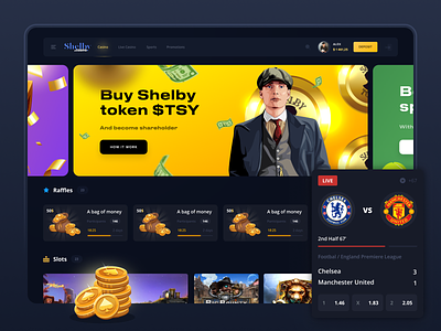 Shelby Casino - Home Page banner betting blockchain card ui casino coins crypto design gambling game gaming graphic design illustration raffle shelby sport token ui ux wager