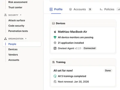 Employee Profile - Preview Cards card cards compliance figma minimal oneleet product design profile saas sidenav tabs ui ui design user user profile web
